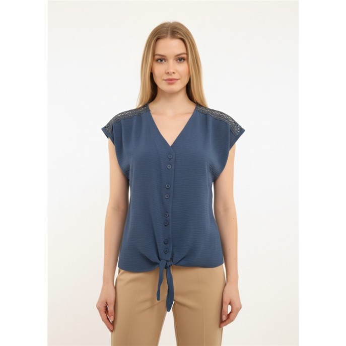 Batida Blouse 2486 KM vhals strik kant Denim blue Batida Blouse 2486 KM vhals strik kant Denim blue