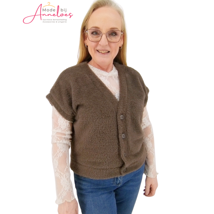 Enjoy Gilet vhals harig Taupe Enjoy Gilet vhals harig Taupe