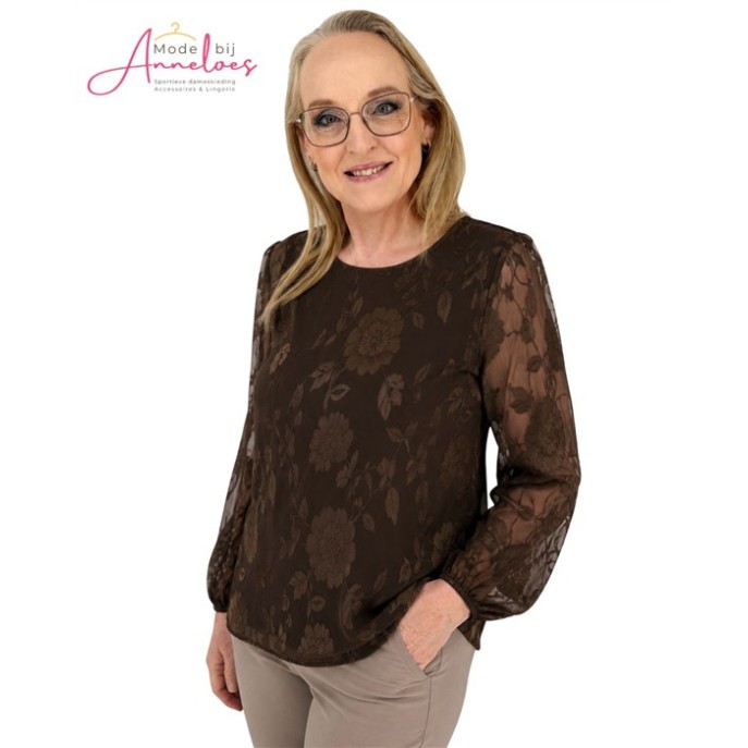 Enjoy Blouse dubbel ballon mouw 127685 - Donker bruin Enjoy Blouse dubbel ballon mouw 127685 - Donker bruin