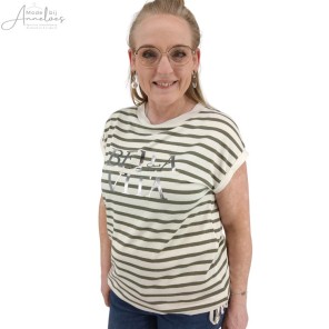 Enjoy T-shirt KM streep Army ecru