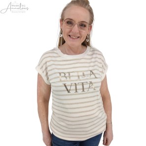 Enjoy T-shirt KM streep Zand ecru