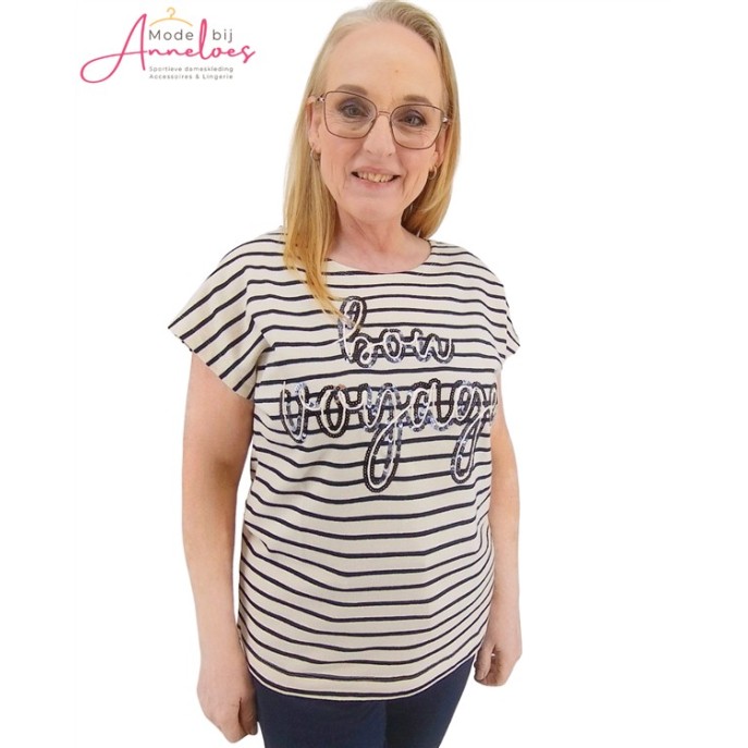 Enjoy T-shirt Bon Voyage streep Marine Ecru