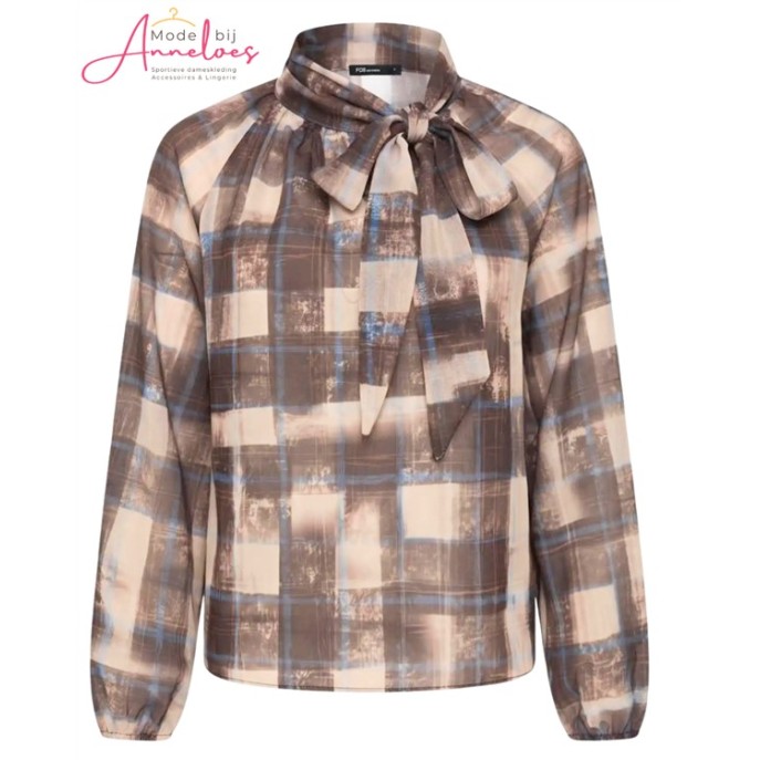 FOS Blouse ruit strik 7914 Bodhi Bruin blauw ecru