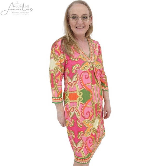 Kdesign Jurk 3/4 vhals pink multi