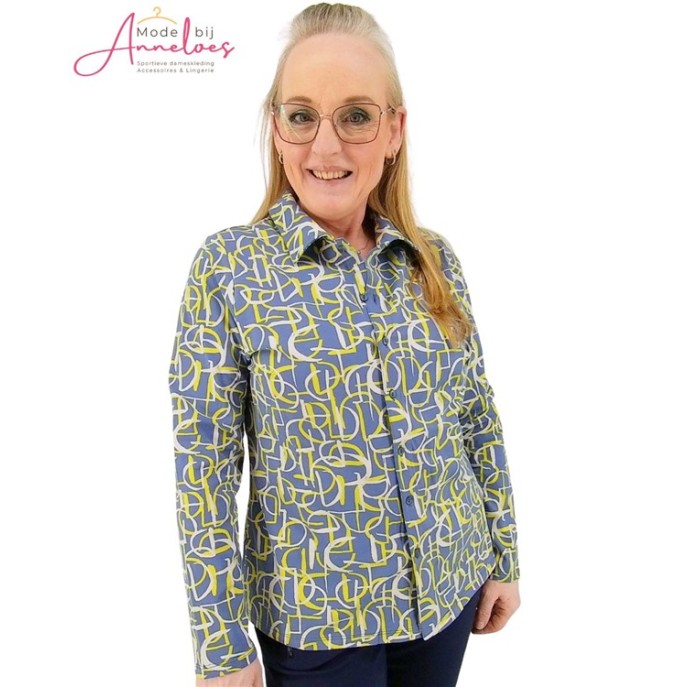 Barbara Lebek blouse tricot Blauw geel ecru