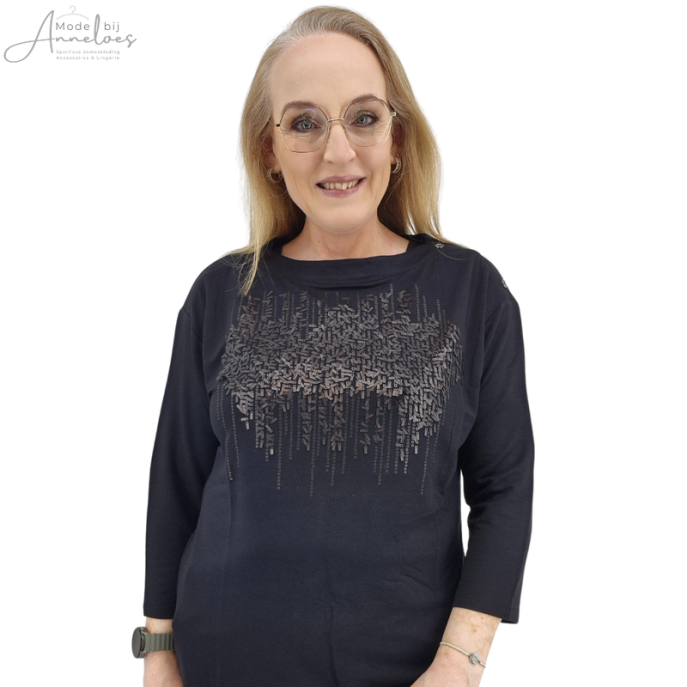 Barbara Lebek shirt 3/4 applicatie - Zwart