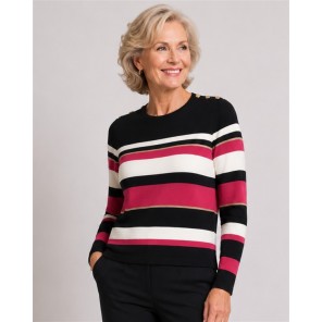 Micha Pullover 182155 Knoop Streep Zwart Ecru Fuchsia
