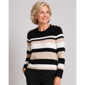 Micha Pullover 182155 Knoop streep Zwart ecru zand