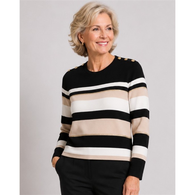 Micha Pullover 182155 Knoop streep Zwart ecru zand Micha Pullover 182155 Knoop streep Zwart ecru zand