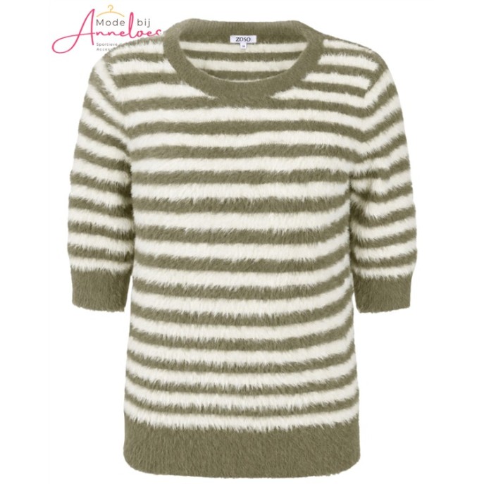 ZOSO Sweater Pamela streep harig Groen ecru